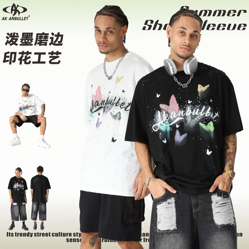 

24185Men's summer new short-sleeved cotton wash T-shirt, American street fashion, butterfly flocking print, splashed ink