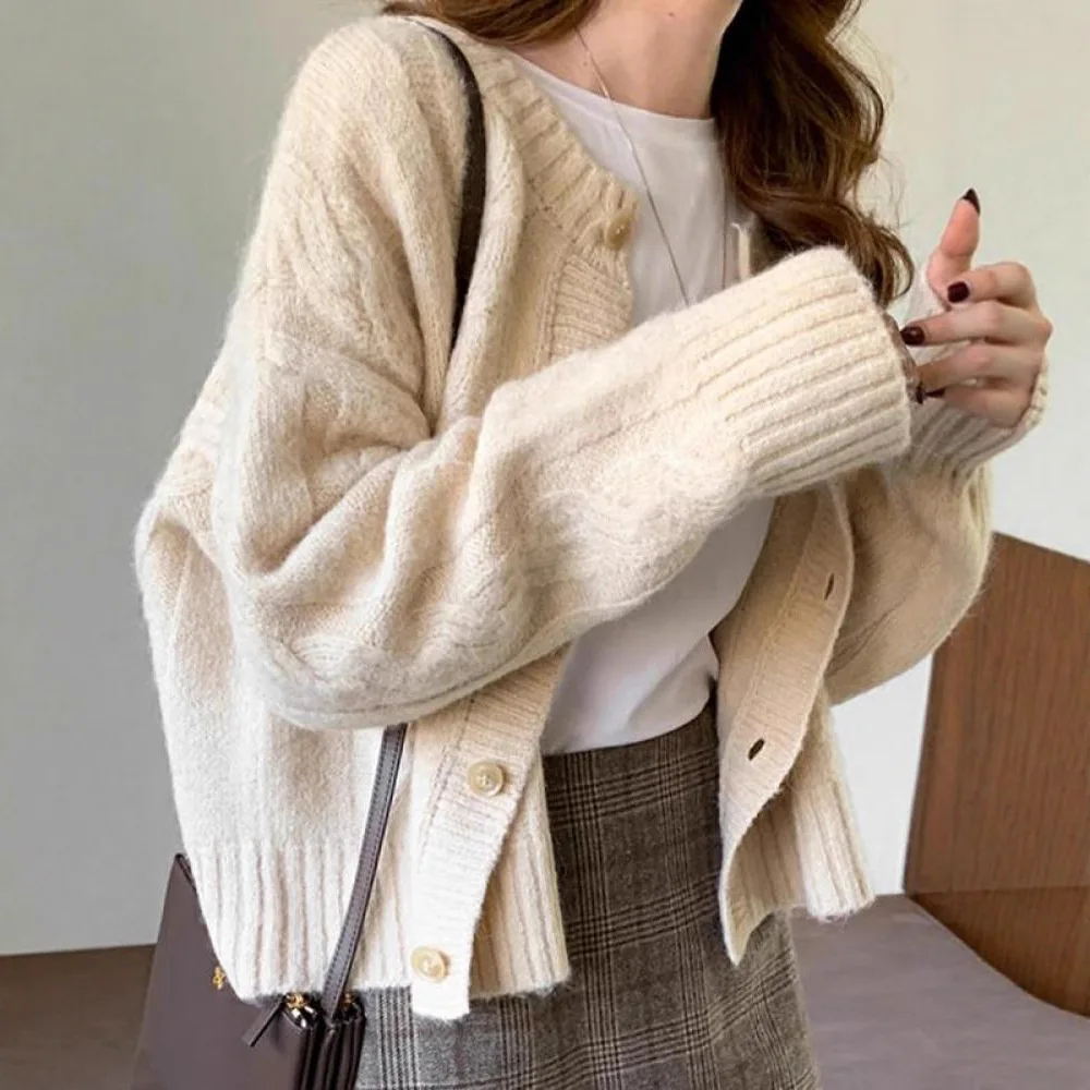 

Короткий вязаный кардиган для женщин, осенне-зимний свободный свитер, куртка в корейском стиле, однобортное вязаное пальто с длинными рукавами