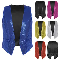 Mens Womens Dance Vest Sparkling Sequin Sleeveless Waistcoat Jazz Dance Tank Tops Formal Party Club Stage Performance Costume