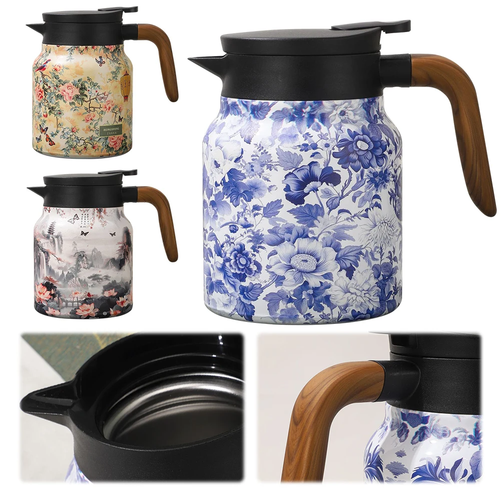 

1000ml Floral Pattern Teapot Stainless Steel Mini Hot Coffee Pot Built-in Infuser Tea Separation Water Bottle for Hot Drinks