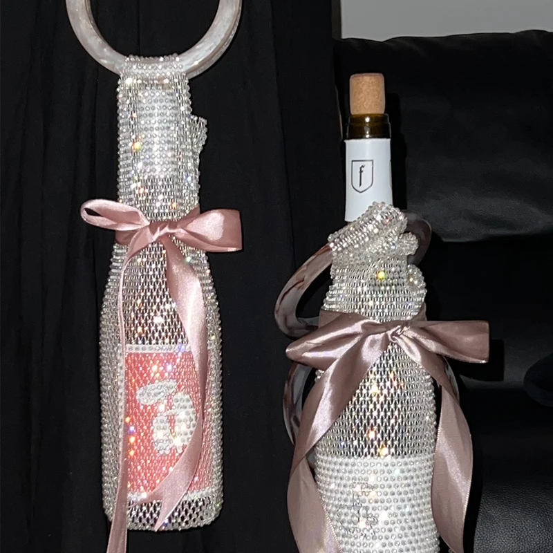

Shiny Diamond Woven Champagne Wine Bag Rhinestone Hand Handle Red Wine Gift Package Bag Wedding New Year High Value Wine Bag