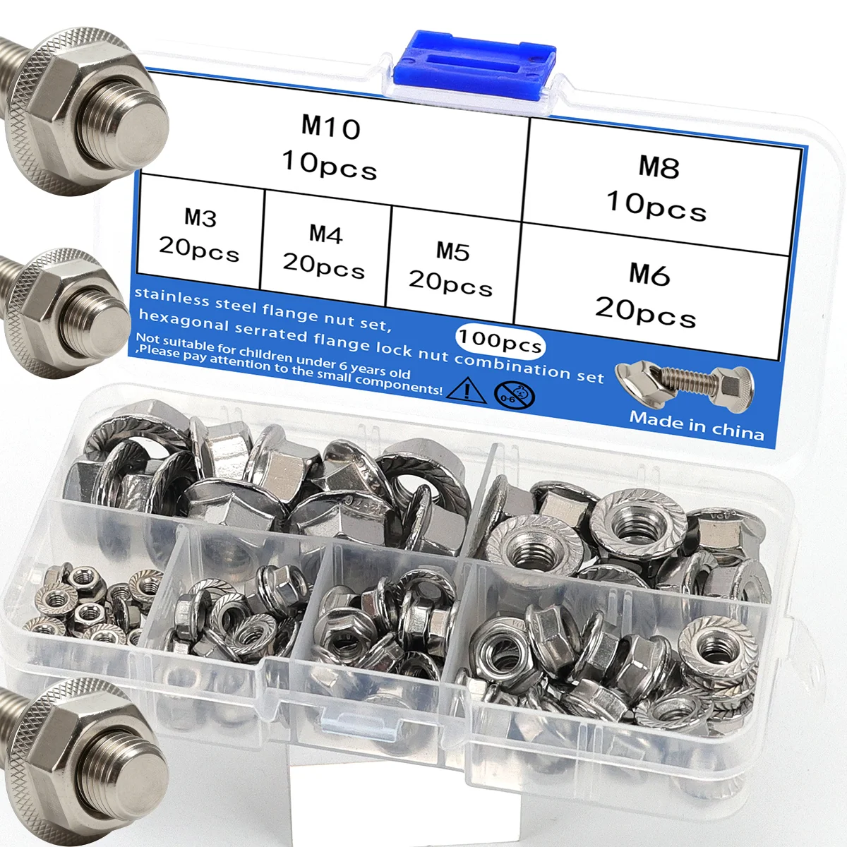 100-Piece Set of M3-M10 Stainless Steel Flange Nuts, Grade 8.8/10.9/Hexagonal Serrated Locknuts, Heavy-Duty Flange Locknut Set.