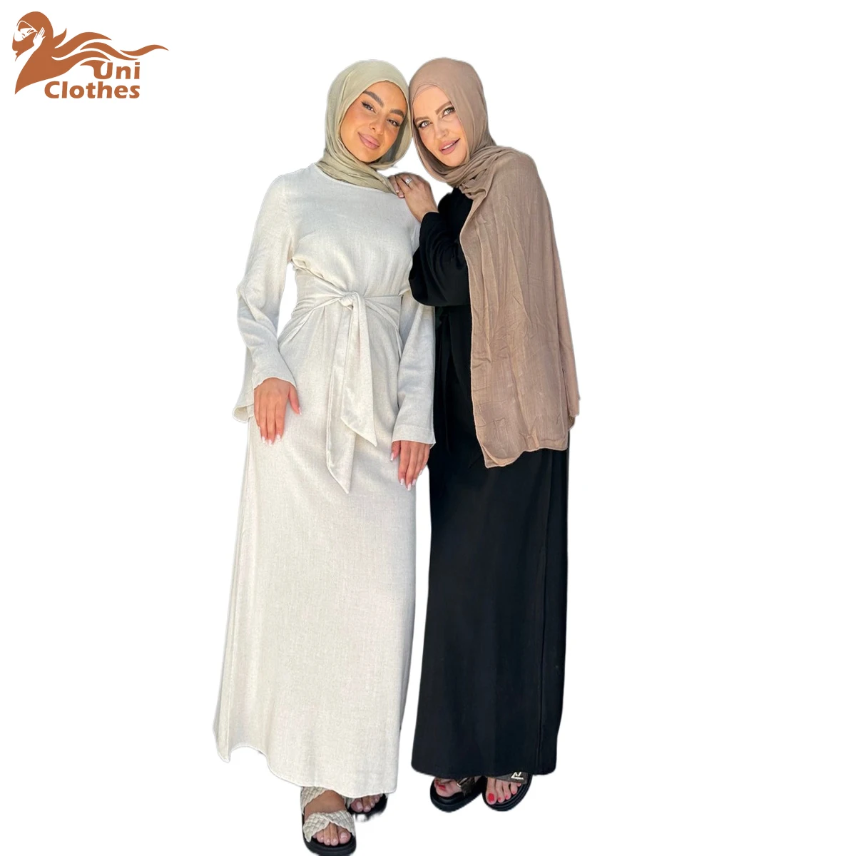 

UNI Eid Cotton Linen Frenum Dress Muslim Abaya Party Dress Women Dubai Arab Turkey Morocco Kaftan Islamic Gown Robe Vestidos