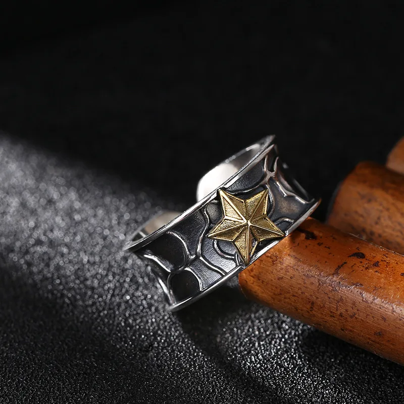 S925 Sterling Silver Men's Personalized Retro Five Point Star Open Ring Trendy Punk Set Bronze Star Edible Ring