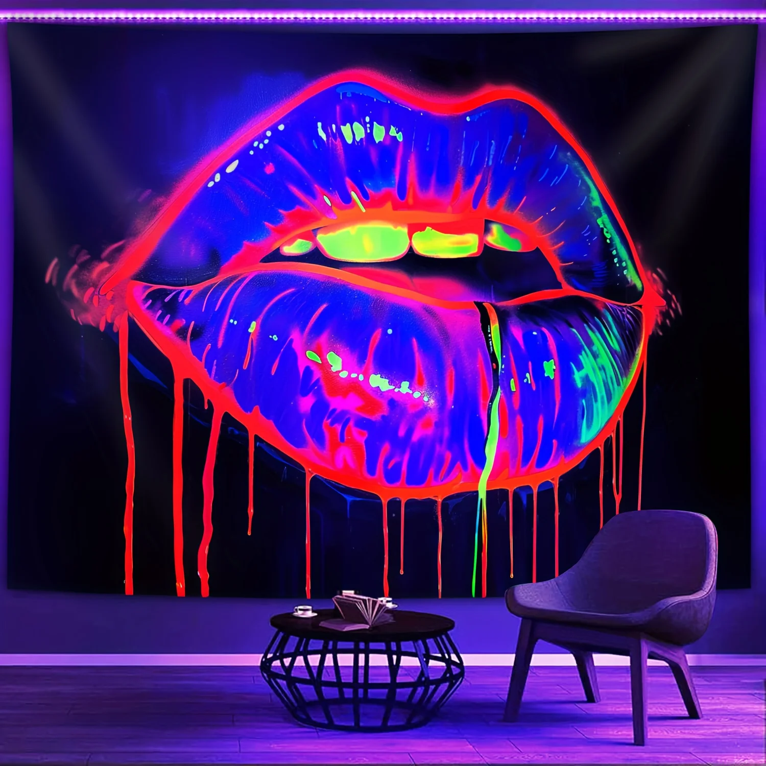 Neon Lips Glow Tapestry UV Reactive Art Wall Hanging for Party Room Decor