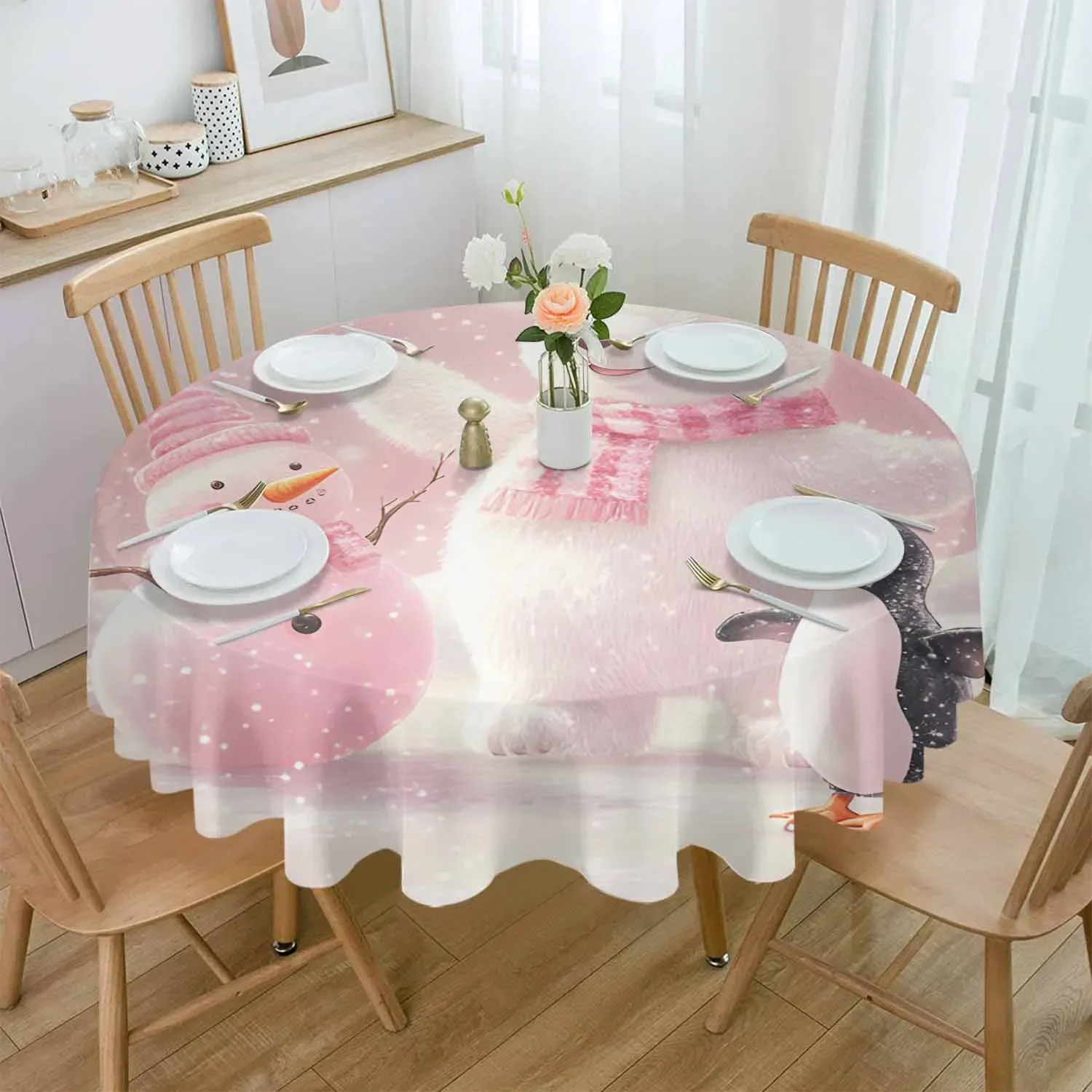 Christmas Pink White Bear Penguin Round Tablecloth Waterproof Table Cover Home Kitchen Table Cloth Dining Table Decoration