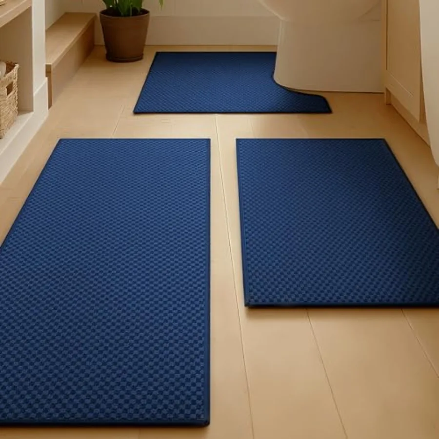 

Bathroom Rugs Sets 3 Pcs Non Slip Washable Absorbent Quick Dry Bath Mat Set with Toilet Mat Weave Texture Low Profile Bath Rugs