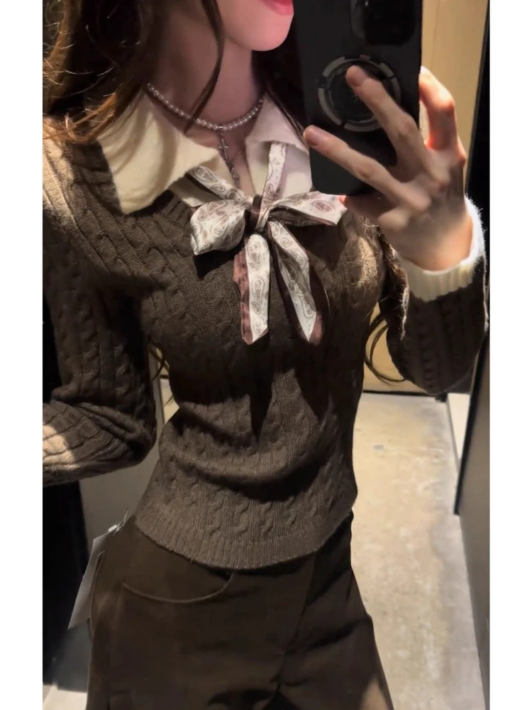 

Korean Style Shirt Knitted Short Top Women Slim Fit Inner Wear Fake Two-Piece Spring Fashion Classy Casual Long Sleeve