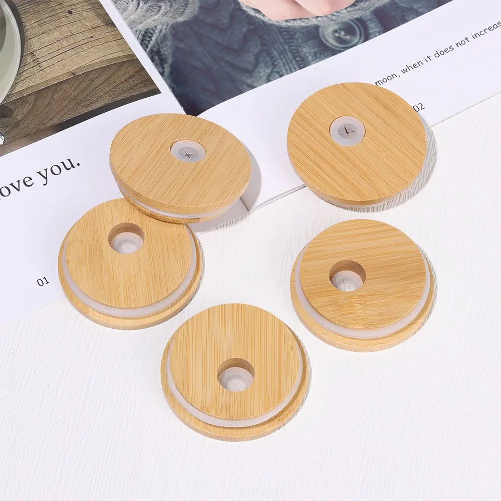 Reusable Silicone Seal Ring Storage Bottles Mason Jar Lid Bamboo Wood Lids With Straw Hole Wide Mouth Cup