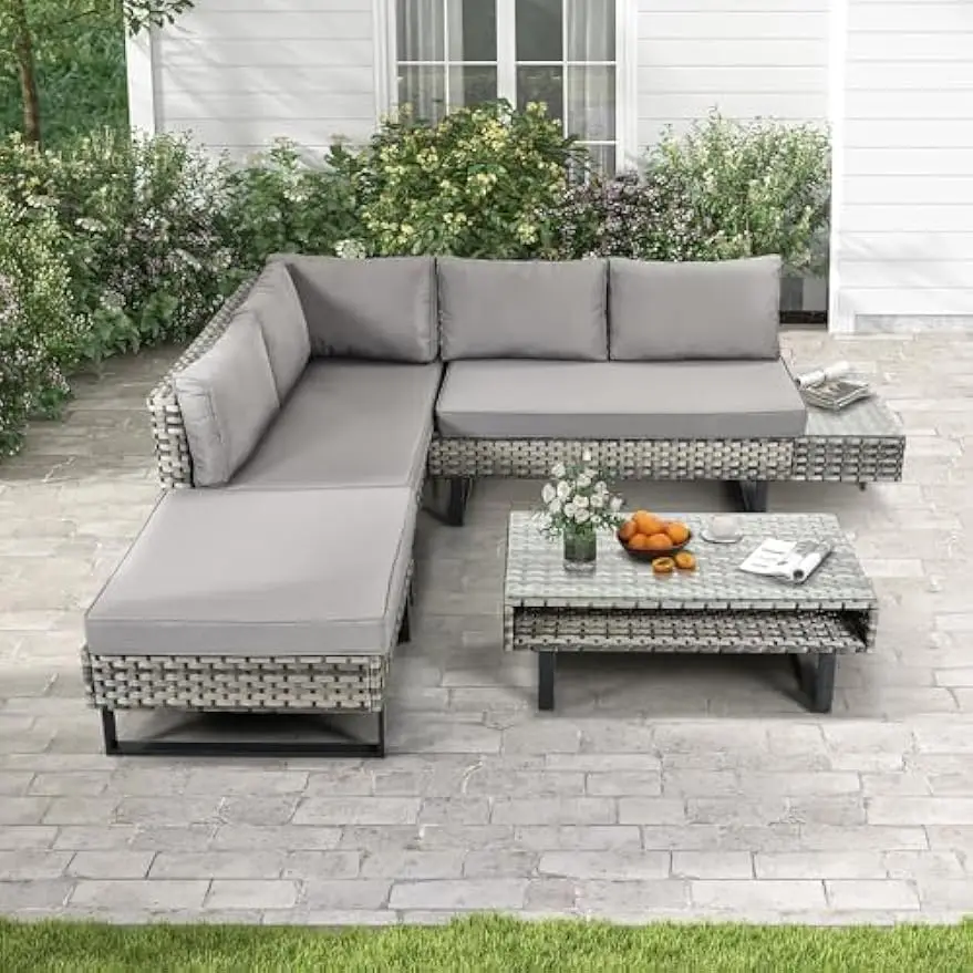 

DWVO Patio Furniture Set, Sectional L-Shaped Sofa, for Patio Backyard Poolside Porch, Wicker Conversation Set with Coffee Table