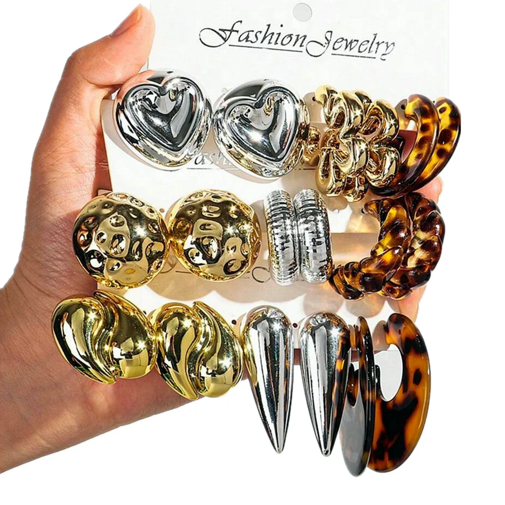 3 أزواج خمر الاكريليك الذهبي ليوبارد فضي هندسية كبيرة مكتنزة طقم من الحلقان للنساء شخصية هوب القرط 2025 مجوهرات #1