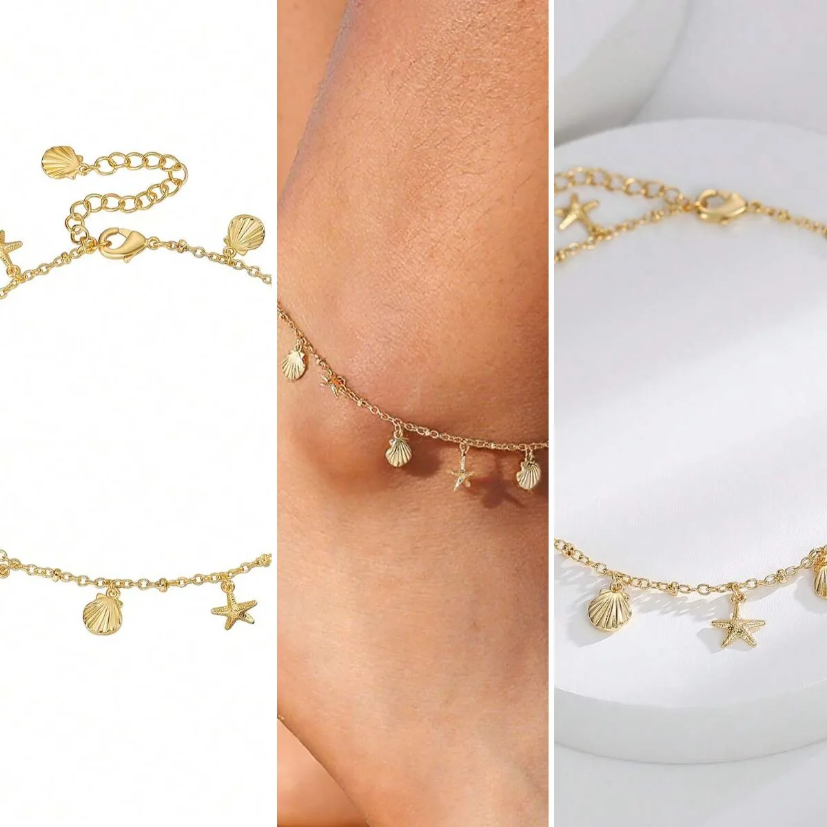 Charm-In 1pc Elegant Shell & Star Decor Anklet, Copper Gold Plated Ankle Chain, Fashionable Women's Beach Accessory, Ideal Gift