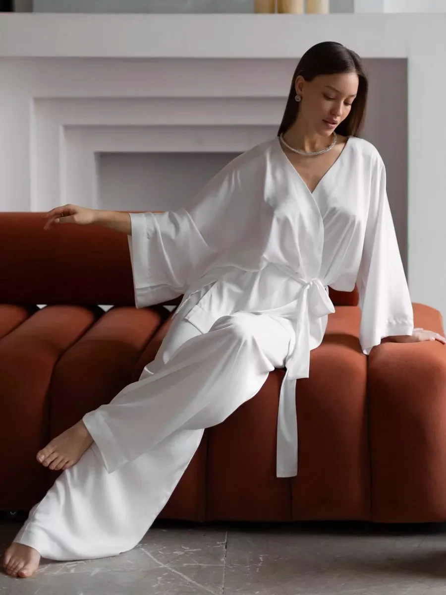 Blubelle  Solid Color Long Sleeved Pants Pajama 2-Piece Set  Women's  Autumn Winter Lace Up Nightgown Comfortable Home Clothing