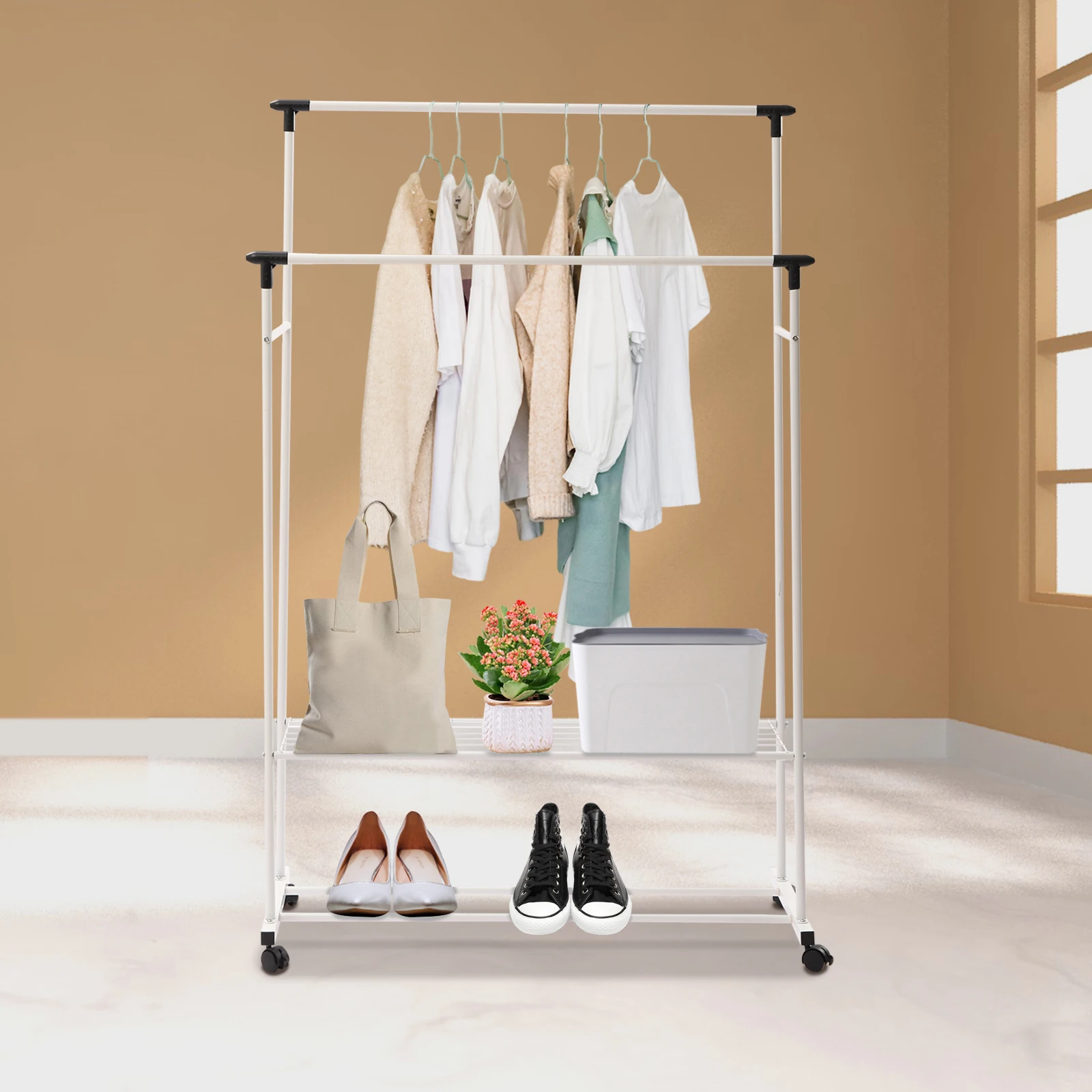 Clothes Garment Rack Double Rod for Hanging Clothes Heavy Duty Shoe Rack Freestanding Clothes Hanger with Wheels