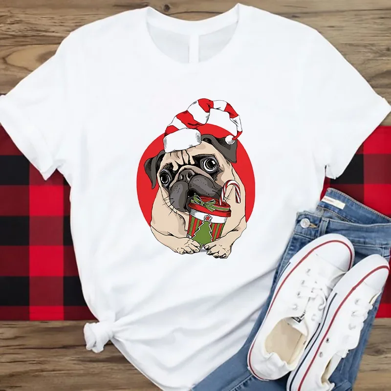 

Super Hot Cartoon Dog Christmas T-shirt Casual White Short-sleeved Children's Christmas Clothes Tide Ins Boys Girl Clothes