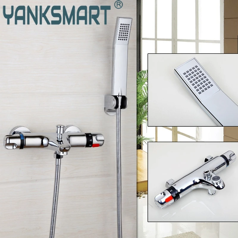 

YANKSMART Wall Mounted Bathroom Thermostatic Faucets Polished Chrome Hot&Cold Water Mixer Shower Set Rain Bathtub Faucets Set