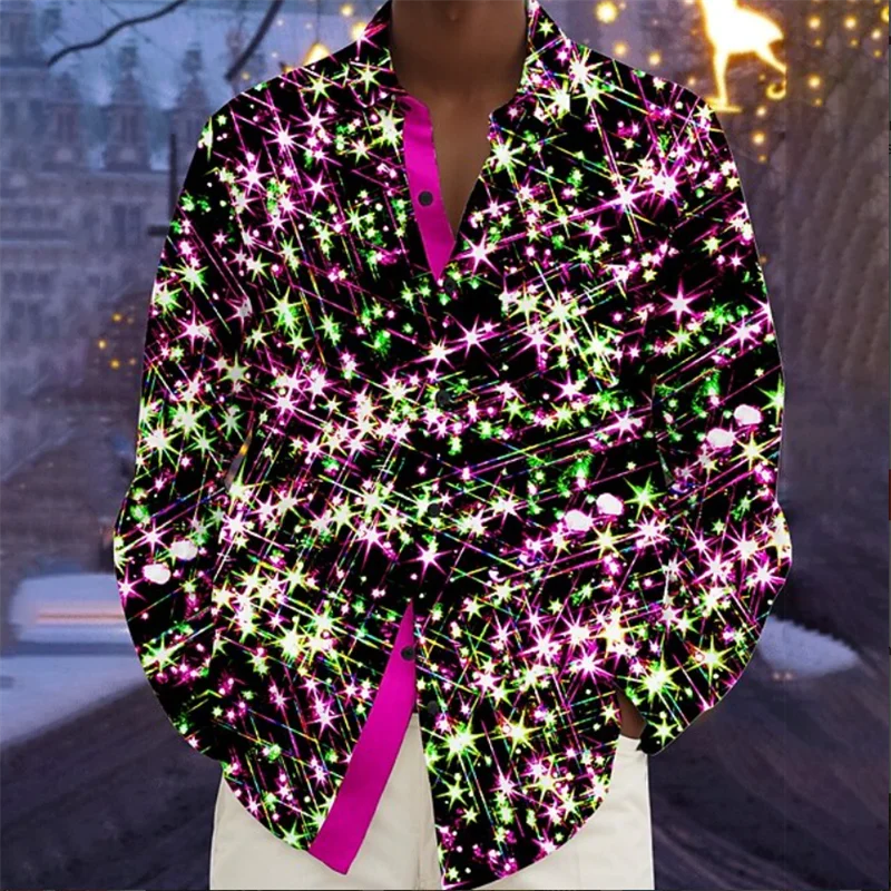 

Гавайская мужская рубашка на пуговицах со сверкающим звездным принтом и длинными рукавами, уличная одежда, дышащая повседневная пляжная рубашка, топ