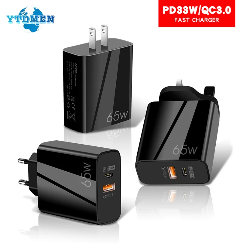 65W GaN Fast Charge Adapter For MacBook Pro Laptop Type C PD Cell Phone Quick Charger For iPhone13 11 iPad Huawei Xiaomi Samsung