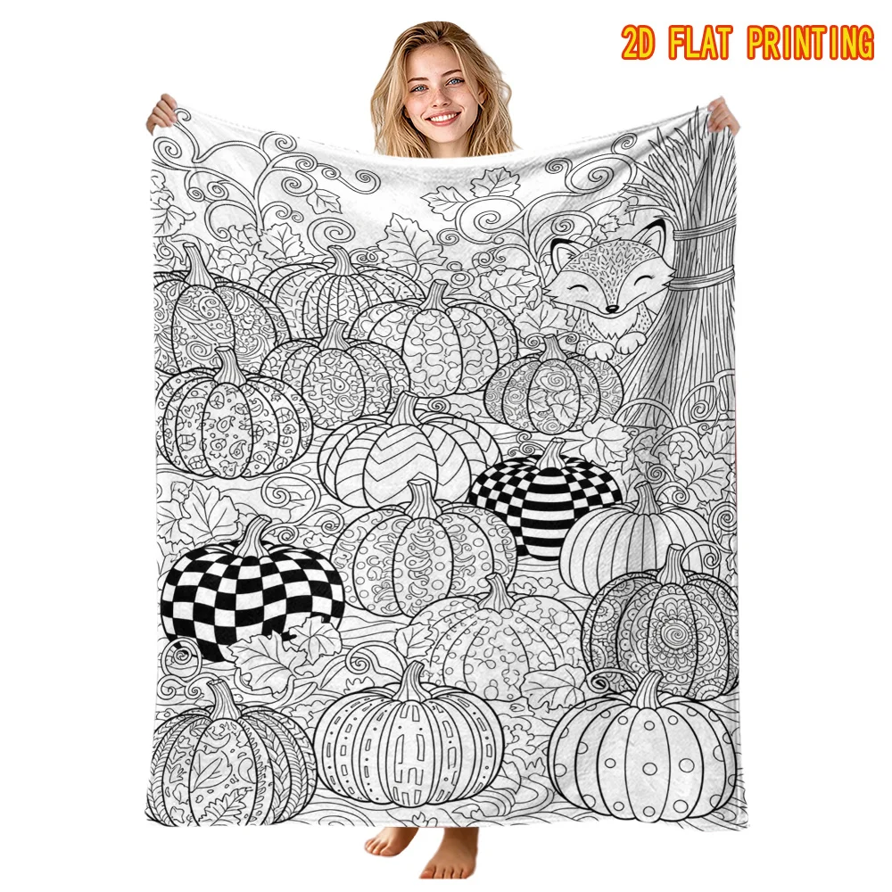 Pumpkin Fox Coloring Throw Blanket Fall Pumpkin Cute Fox Leaf Line Art Print Soft Flannel for Bedroom Sofa DIY Craft Decor Gift