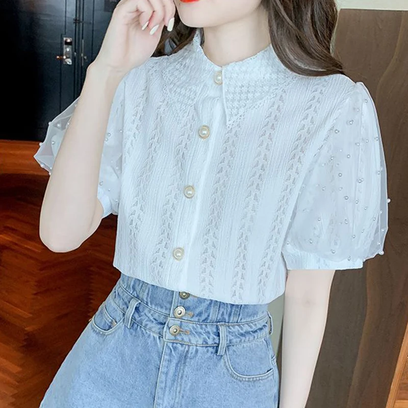 Summer Polo-neck Hollow Out Beading White Mesh Blouse Women Puff Short Sleeve Buttons Top Women Cardigan Shirt Women\'s Clothing