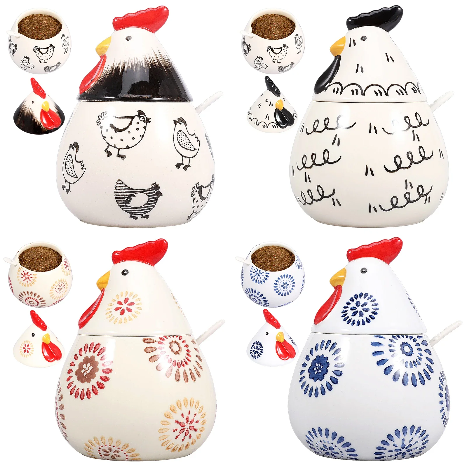 17 Oz Ceramic Hen Salt Cellar with Lid and Spoon Large Chicken Print Spice Jars Salt Coffee Sugar Candies Holder for Countertop