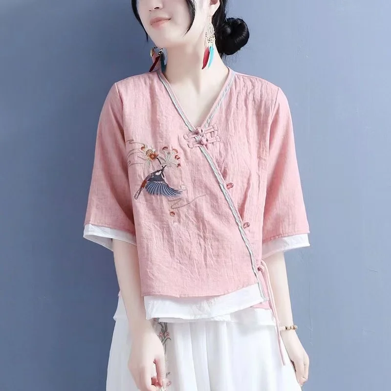 Ele V-Ne Embroidered Cotton Linen Top with Bird And Flower Motif Middle Sve Women's Retro Tea Clothing Small irt