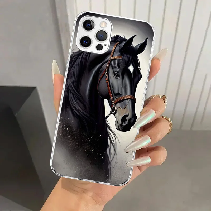 Animal Black Horse Phone Case for Iphone 16 15 14 13 12 Mini 11 Pro Max X XS XR 7 Plus 8 SE 2020 Soft Funda Print Shell