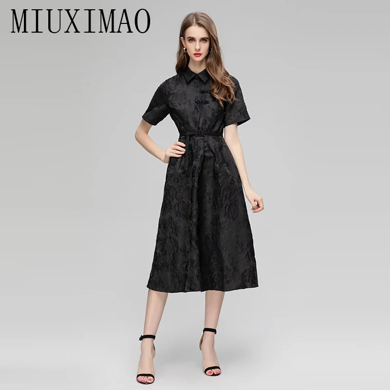 

MIUXIMAO 2023 Spring&Fall Elegant Dress Short Sleeve Chinese Button Jacquard Fashion Black Dress Women Vestide With Belt