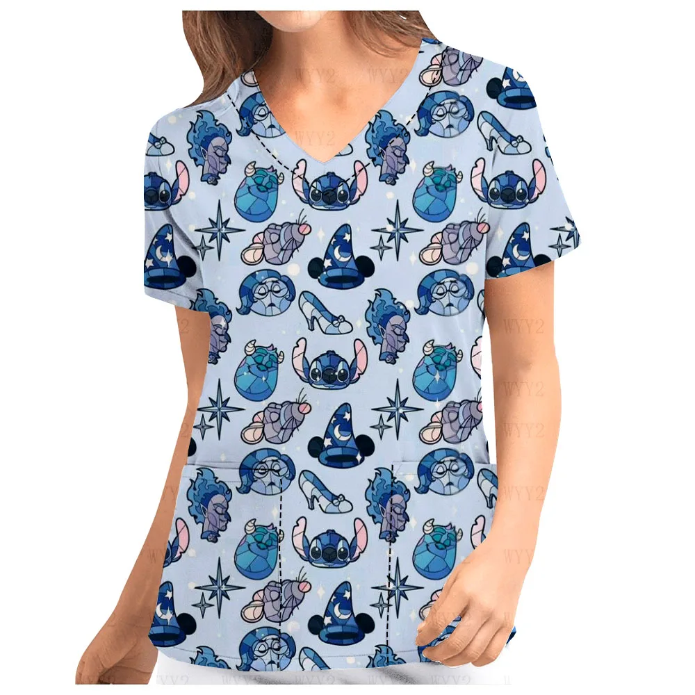 Summer V-Neck Print Scrub Top Disney Stitch Cute Print Women's Short Sleeve Nurse Caregiver Cafe Clerk Work Uniform