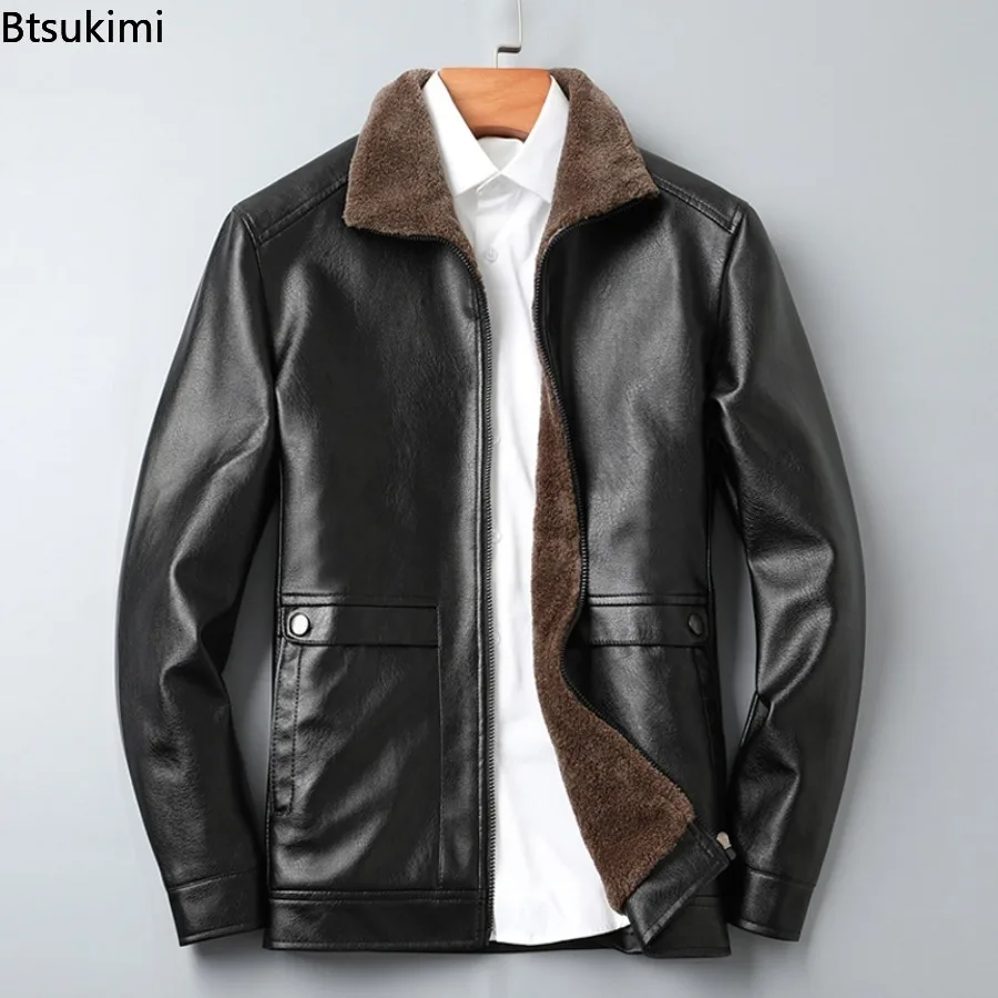2026 Fashion Men PU Jacket Fleece Liner Warm Solid Faux Leather Long Sleeve Cardigan Coats Autumn Winter Men Motorcycle Jackets