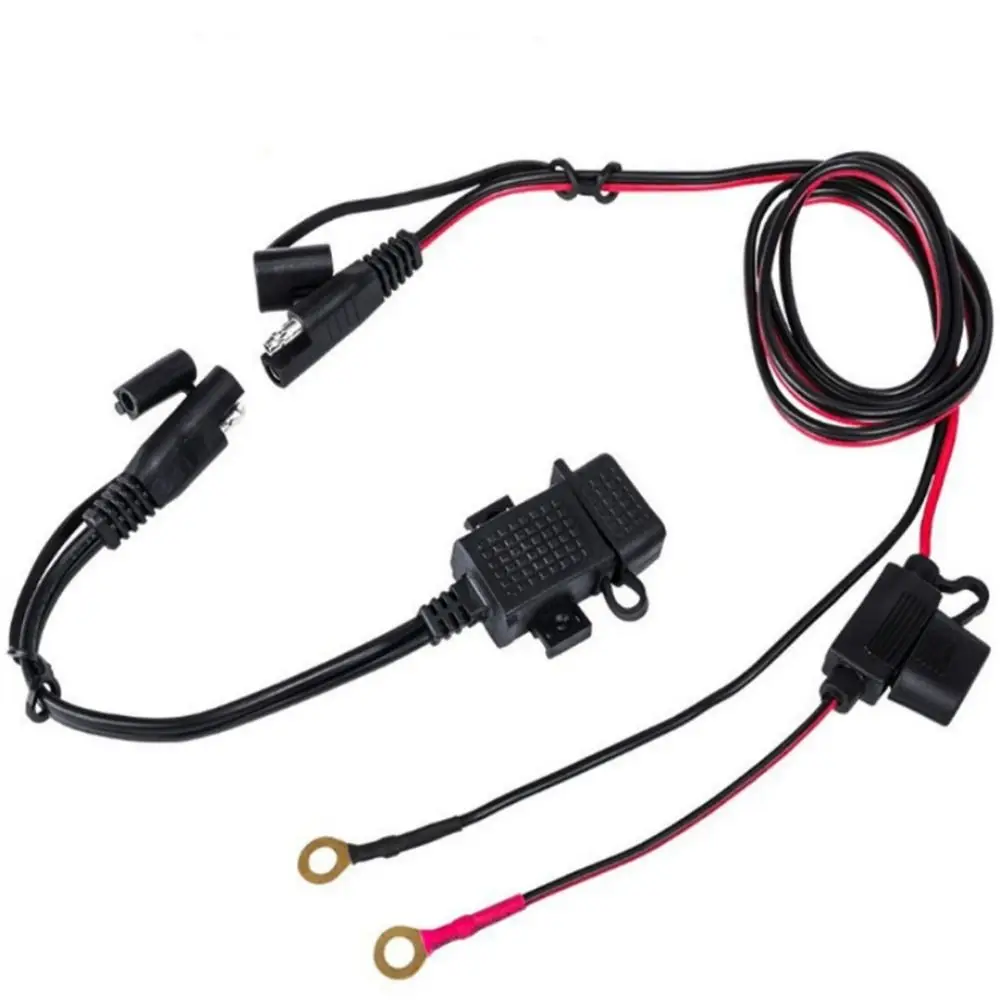 Black Charger Cable Adapter 2.1A 12V Ring Terminal Cable Harness Waterproof Dustproof Motorcycle SAE To USB Cable Adaptor Phone