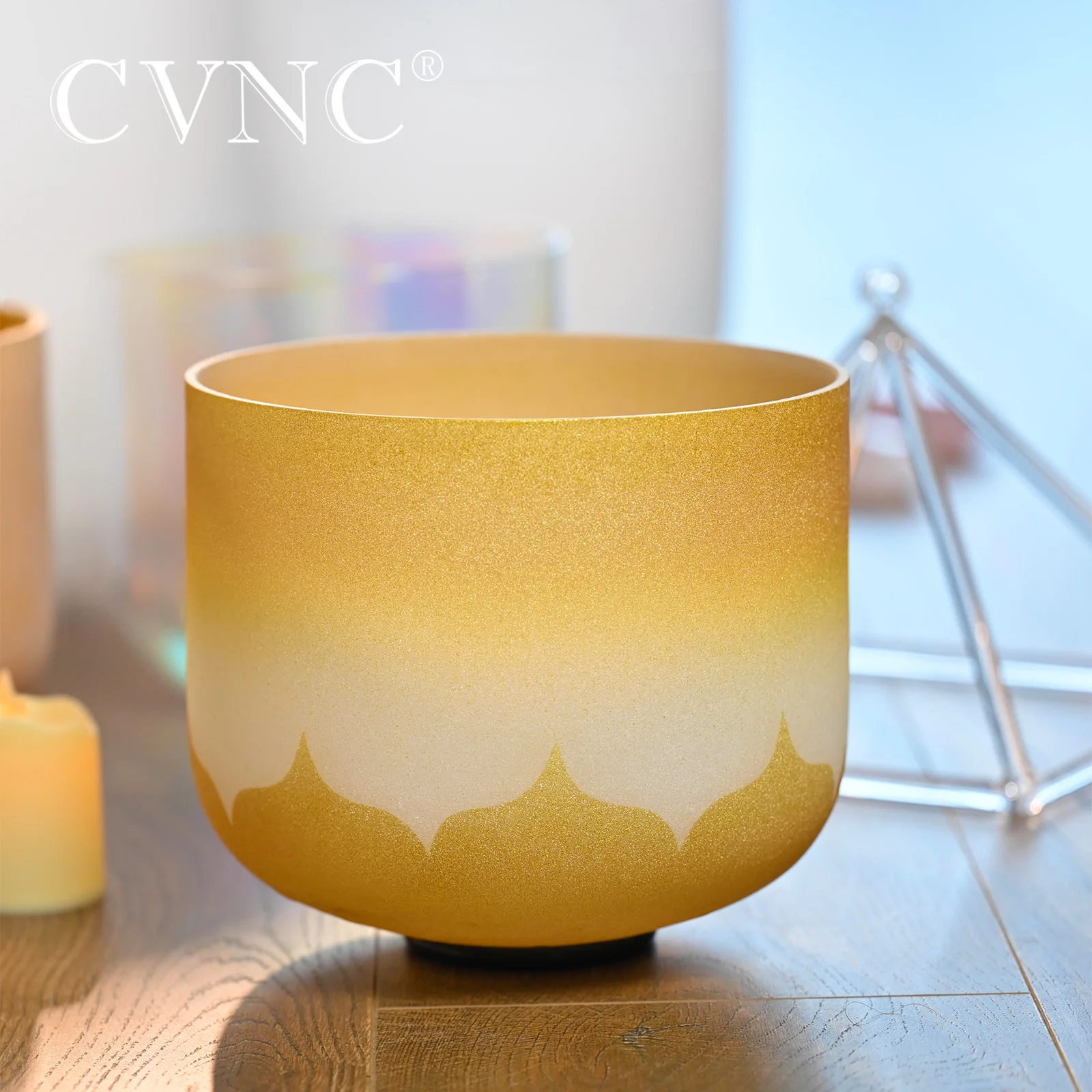 CVNC 8 Inch Golden Lotus Design Frosted Quartz Crystal Singing Bowl For Meditation With Free Carrier Bag