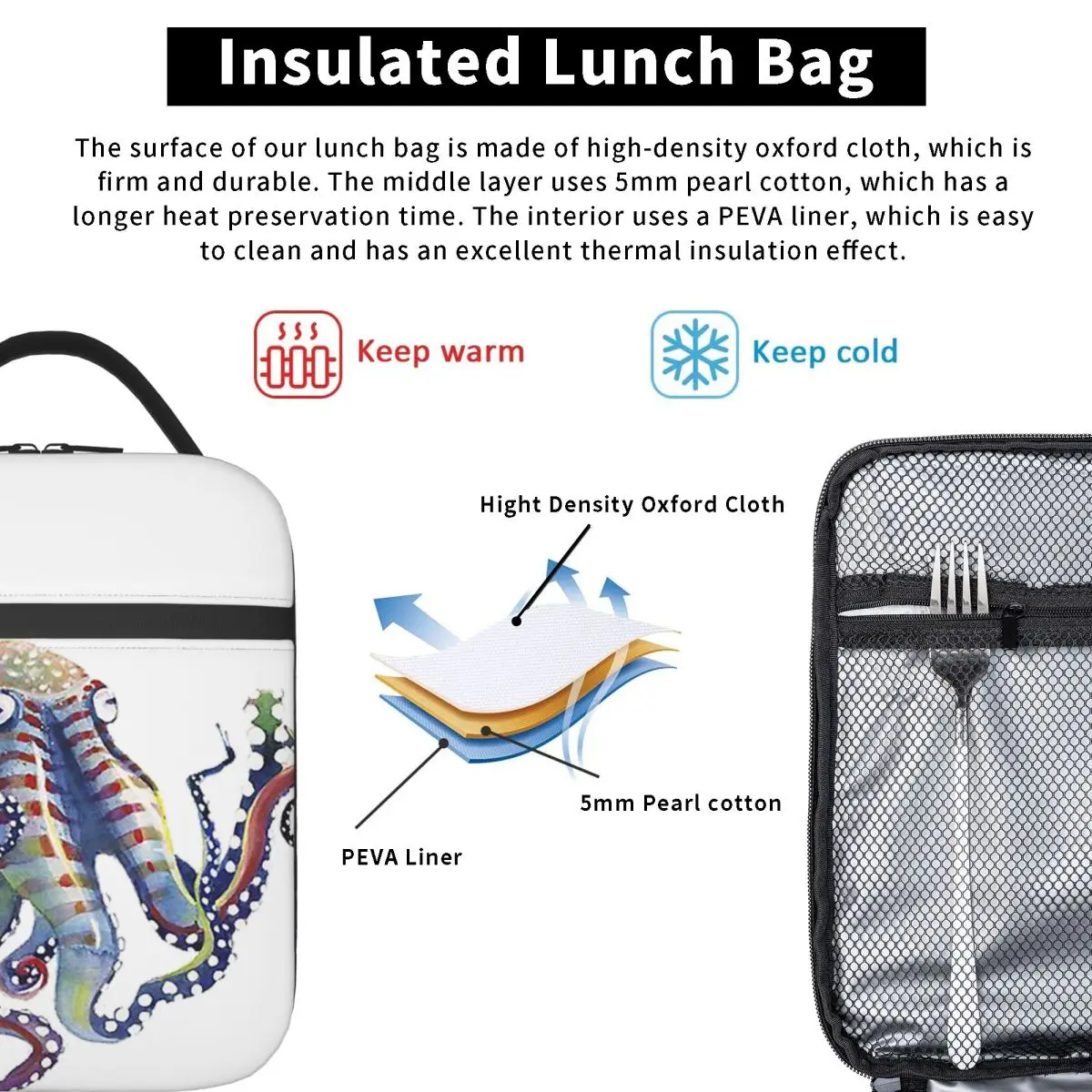 Octopus Insulated Lunch Bag for Women Children Portable Food Boxes Thermal Lunch Box Tote