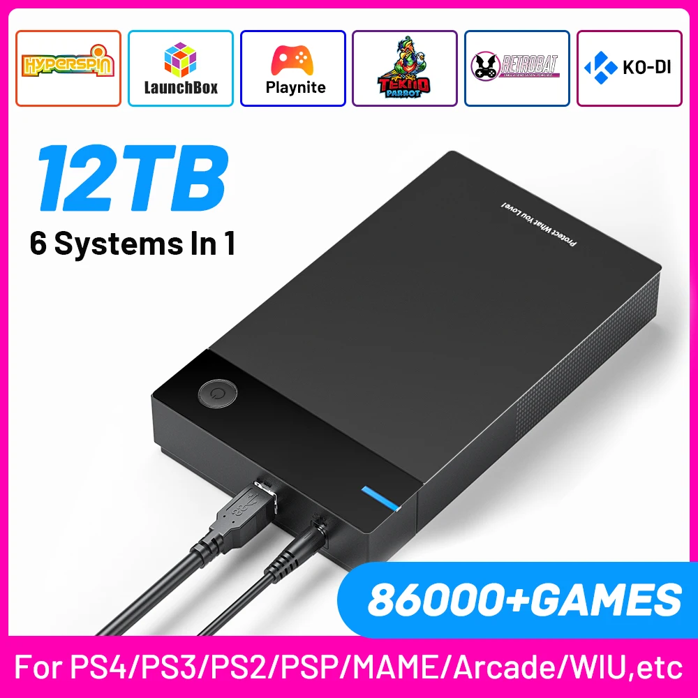 محرك أقراص ثابتة للألعاب 12T مع صندوق إطلاق Hyperspin Retrobat Playnite Super Console لأجهزة PS3/PS2/PSP/WII/WIIU/DC مع 86000+ لعبة ريترو فيدو