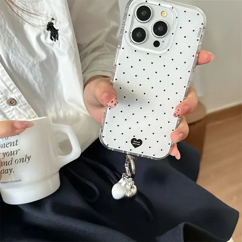 

Белый чехол для телефона в горошек с сердечком для iPhone 14, 15, 16 Pro Max с подвеской, полупрозрачный двухслойный защитный чехол