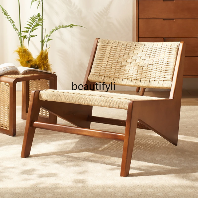 

Solid Wood Reading Chair Leisure Chair Nordic Sofa Balcony Living Room Lazy Recliner Designer Rattan Bed & Breakfast Single