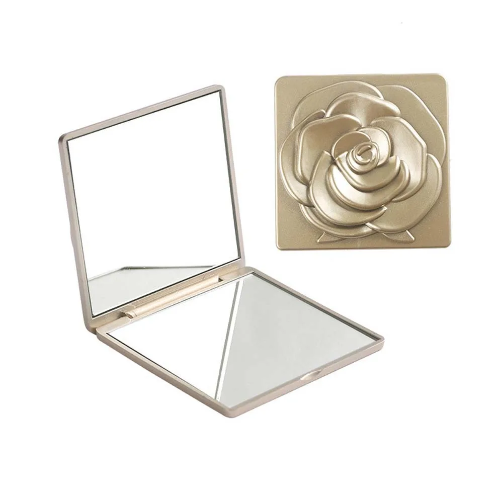 Mini Square Fold Makeup Mirror Rose Flower Easy to Carry Desktop Stand Mirror ABS Light Weight Pocket Makeup Mirror