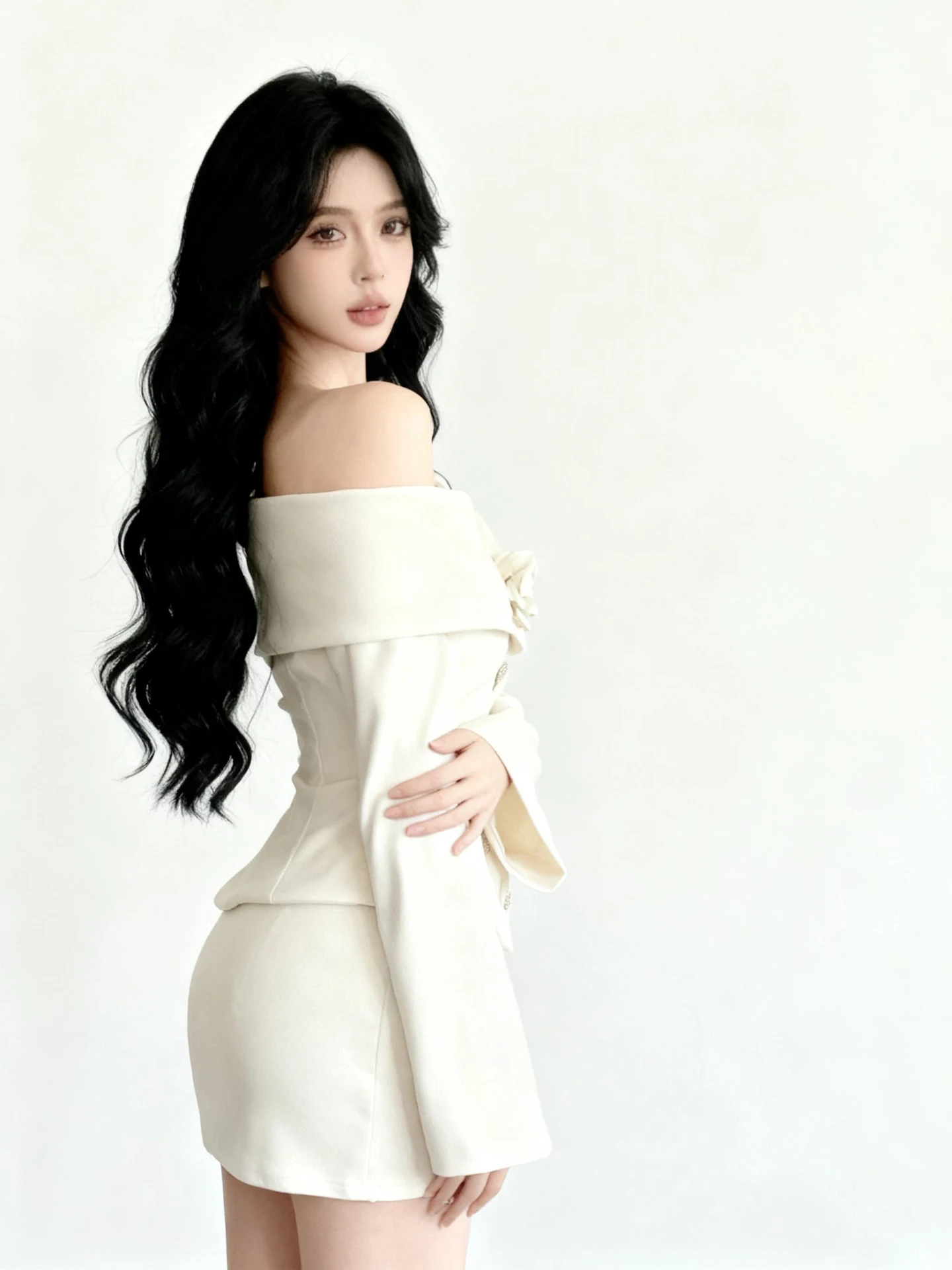 Outono inverno nova venda quente luz de luxo high-end um ombro branco topo e saia curta conjunto banquete deslocamento estilo rosa conjunto