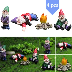 4 Pcs Fairy Garden Drunk Gnomes Miniature Ornaments Set Mini Dwarf Bonfire Statues for Planter Flowerpot Decor Accessories