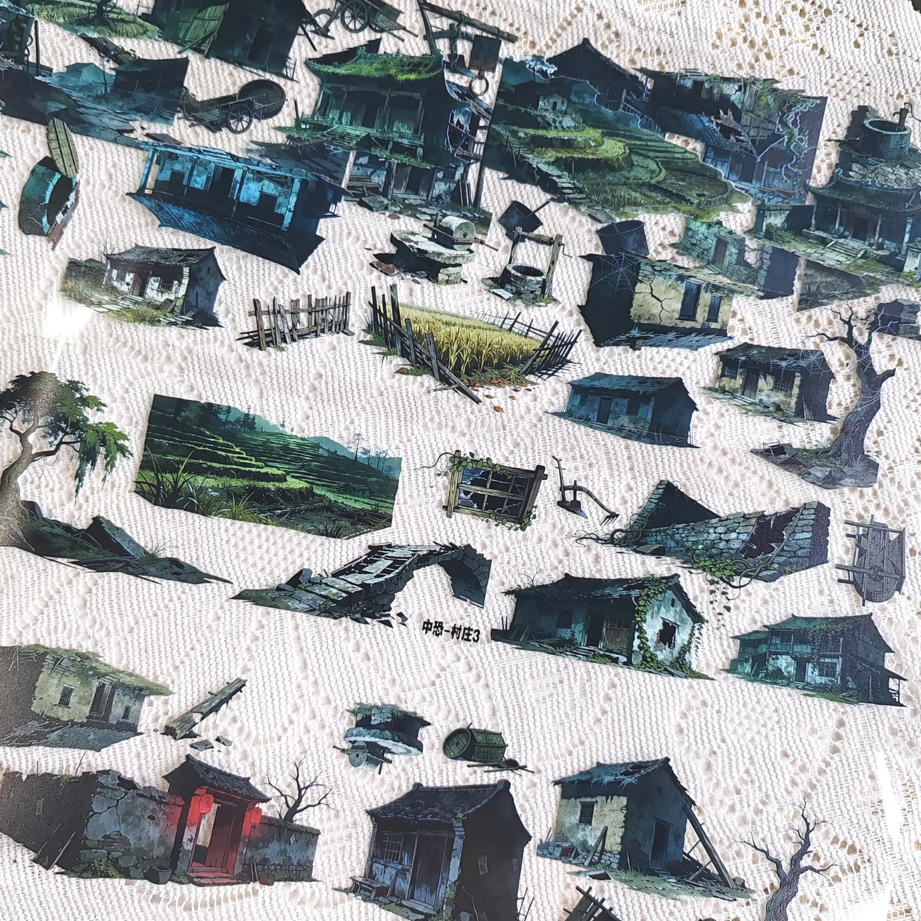 

Chinese Dark Horror Village Theme Decorative Washi Tape Die Cut Landscape Sticker Tape for DIY Journal Scrapbook Guka Decoration