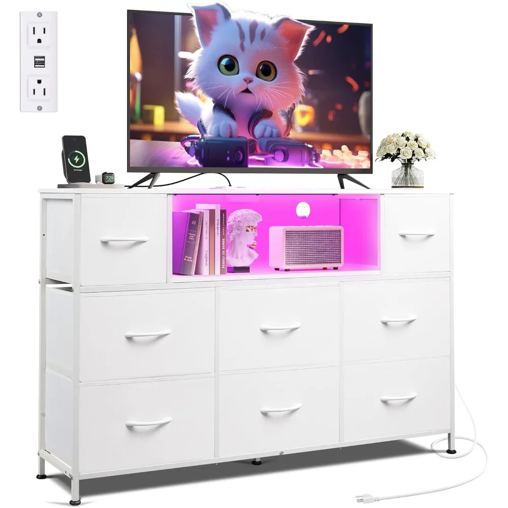 

White TV Stand for 45, 50, 55 inch TV, Entertainment Center with LED Lights & Charging Station, TV Media Console Table wit