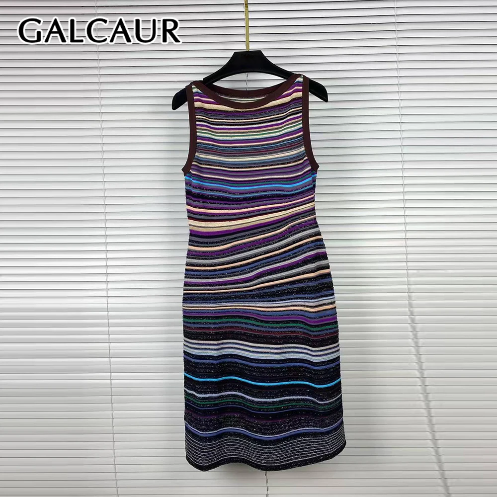 GALCAUR Hit Color Slimming Fashion Dress for Women Round Neck Sleeveless Patchwork Stripe Elegant Dresses Female Chic New Style