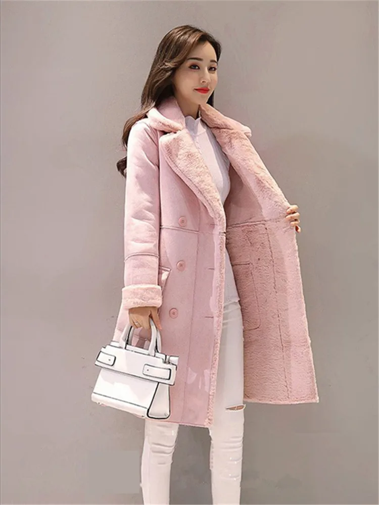 Abrigo largo De lana De piel De cordero rosa claro para Mujer, Ropa De Cachemira gruesa De Corea, manga larga, ajuste holgado, moda De invierno 2023