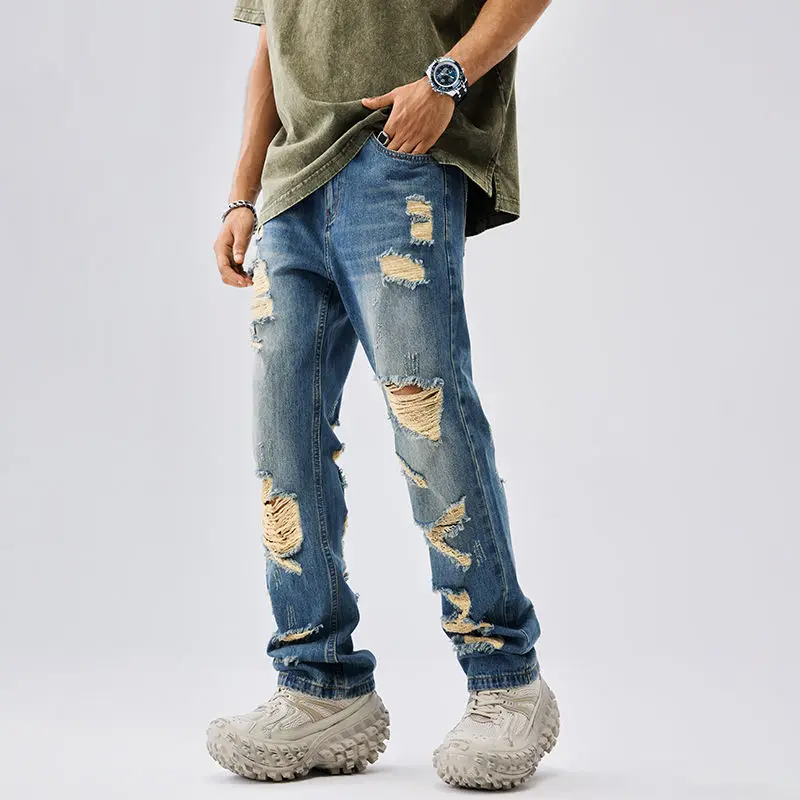 Summer American vintage distressed jeans men's trendy straight high street beggar pants ripped jeans for men  baggy jeans