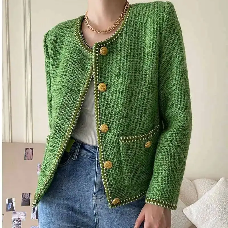 

Tweed Jacket Buttons Green Woman Fashion Chic And Elegant Aesthetic Autumn Cropped Trend Korean Short Winter Women'S Coat 2024