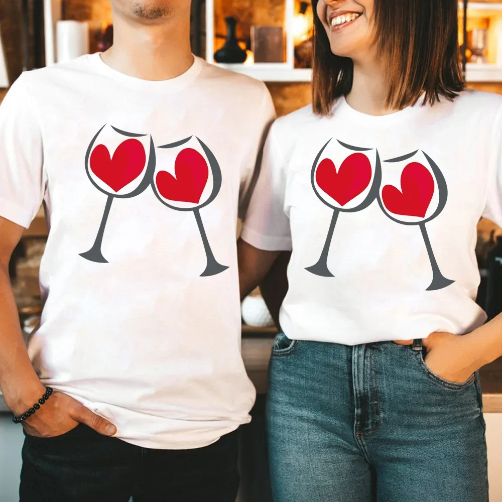 

Valentine's Day Heart Goblet Print Lovers T Shirt Couple Short Sleeve O Neck Loose Tshirt Summer Women Man Tee Shirt Tops