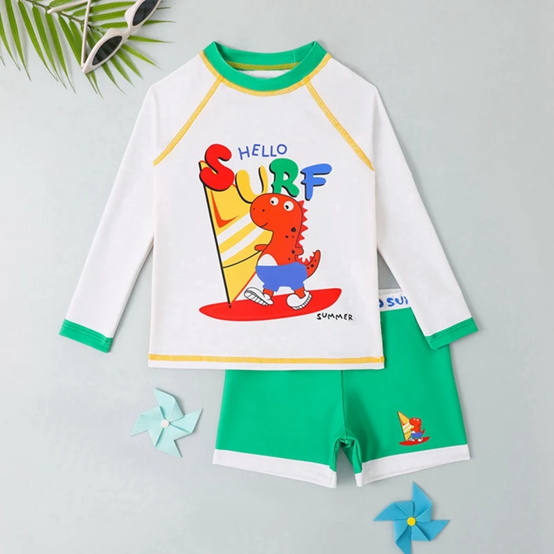 Costume da bagno estivo per bambini carino e vivace 2, camicia corta con motivo a cartoni animati a maniche lunghe, costume da bagno ad asciugatura