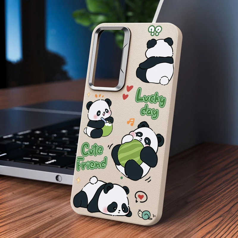 Cute Baby Panda Case For Samsung Galaxy A55 A54 5G A35 A25 A15 A16 A52 A53 A14 A34 S20 S21 FE S22 S23 S24 Ultra Leather Texture