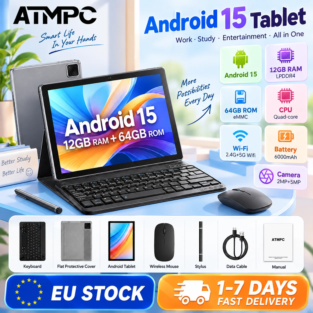 Tablet ATMPC Android 15, 12GB di RAM (4GB+8GB espandibili), 64GB di ROM, processore quad-core, tablet 2-in-1 con tastiera, mouse e penna, batteria da 6000mAh, doppia connessione Wi-Fi, fotocamera