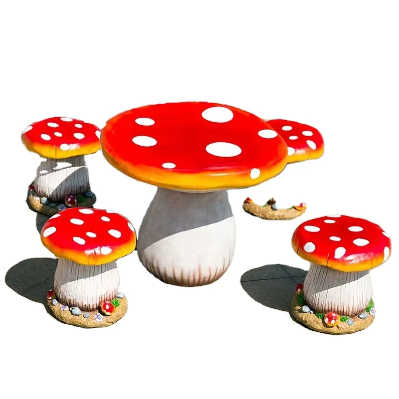 2023 Namchi New Arrive Custom Garden Outdoor Decoration Fiberglass Cartoon Mushroom Table And Chair Large Garden Decorations